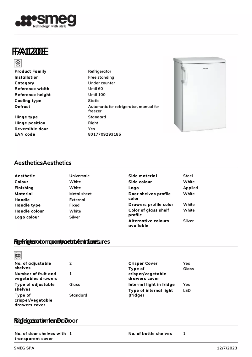 Página 1 del manual Ficha técnica Smeg FA120E