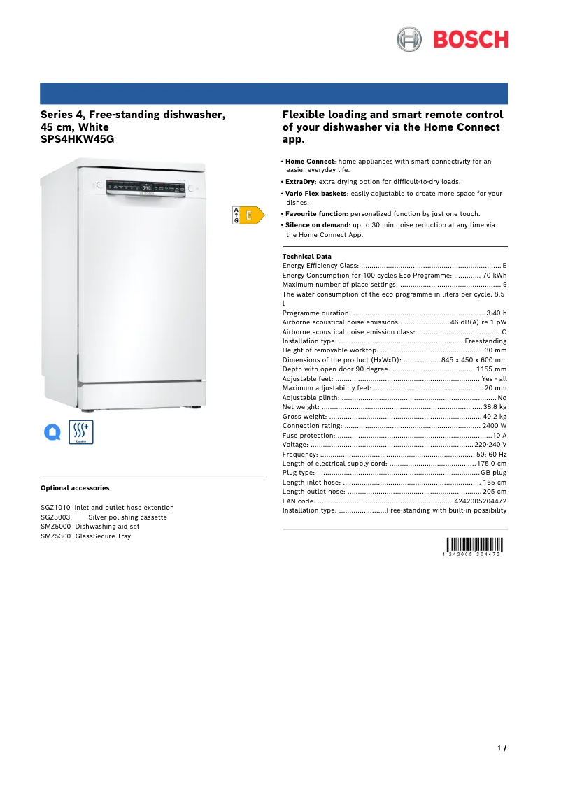 Página nº 1 - Ficha técnica Bosch SPS4HKW45G