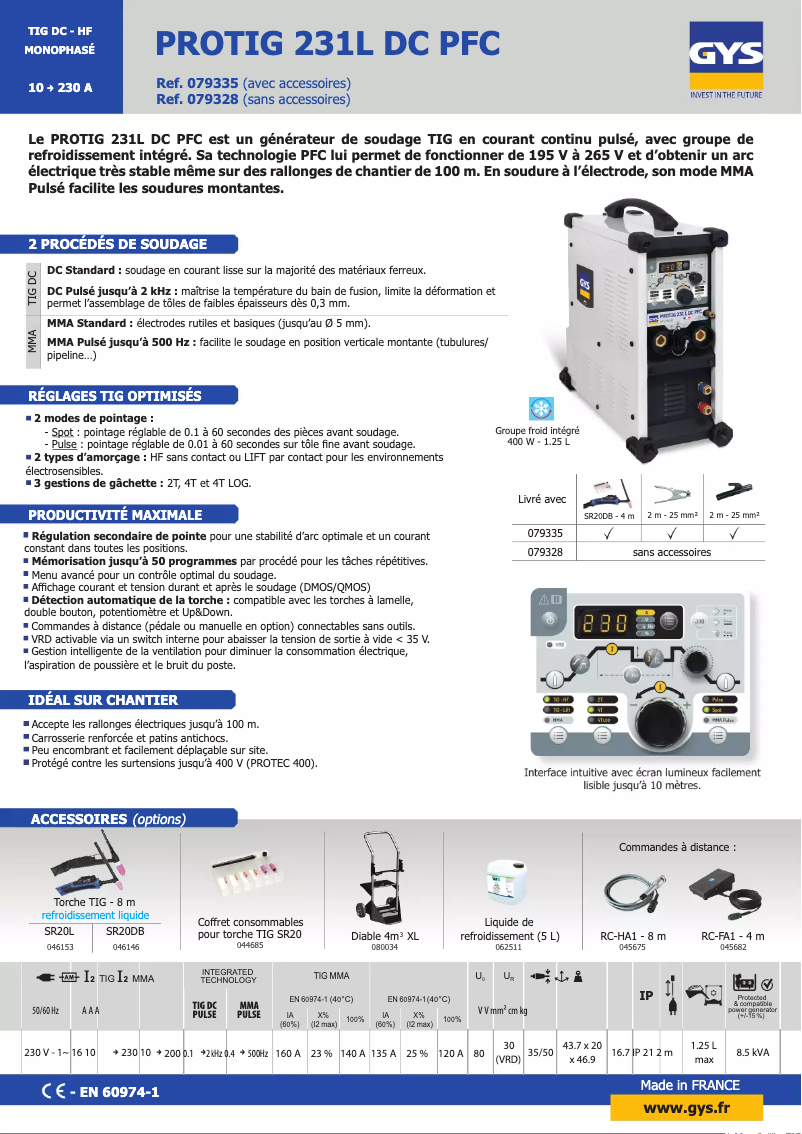 Página 1 del manual Ficha técnica GYS Protig 231L DC PFC