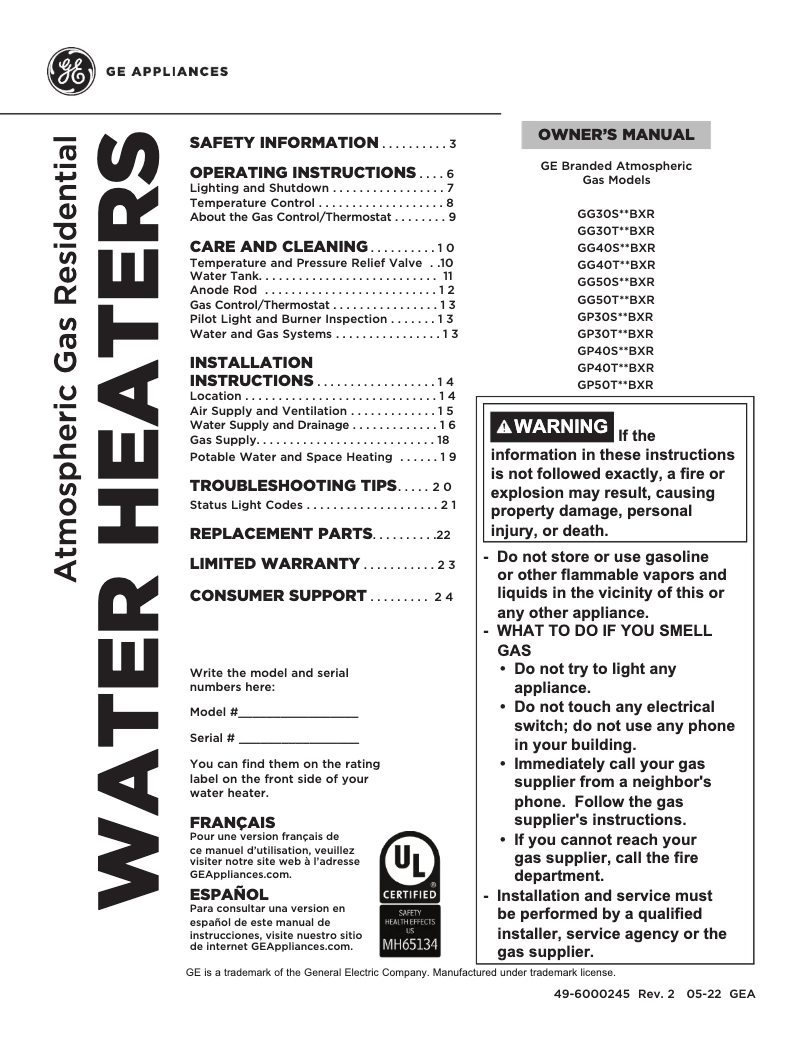 Página 1 del manual Manual de uso y mantenimiento GE GP30S08BXR