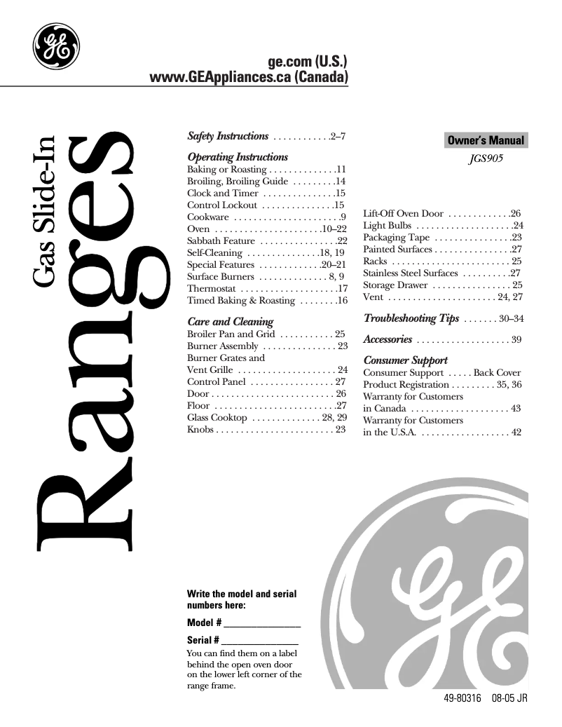 Imagen de la primera página del manual del dispositivo JGS905TEKWW