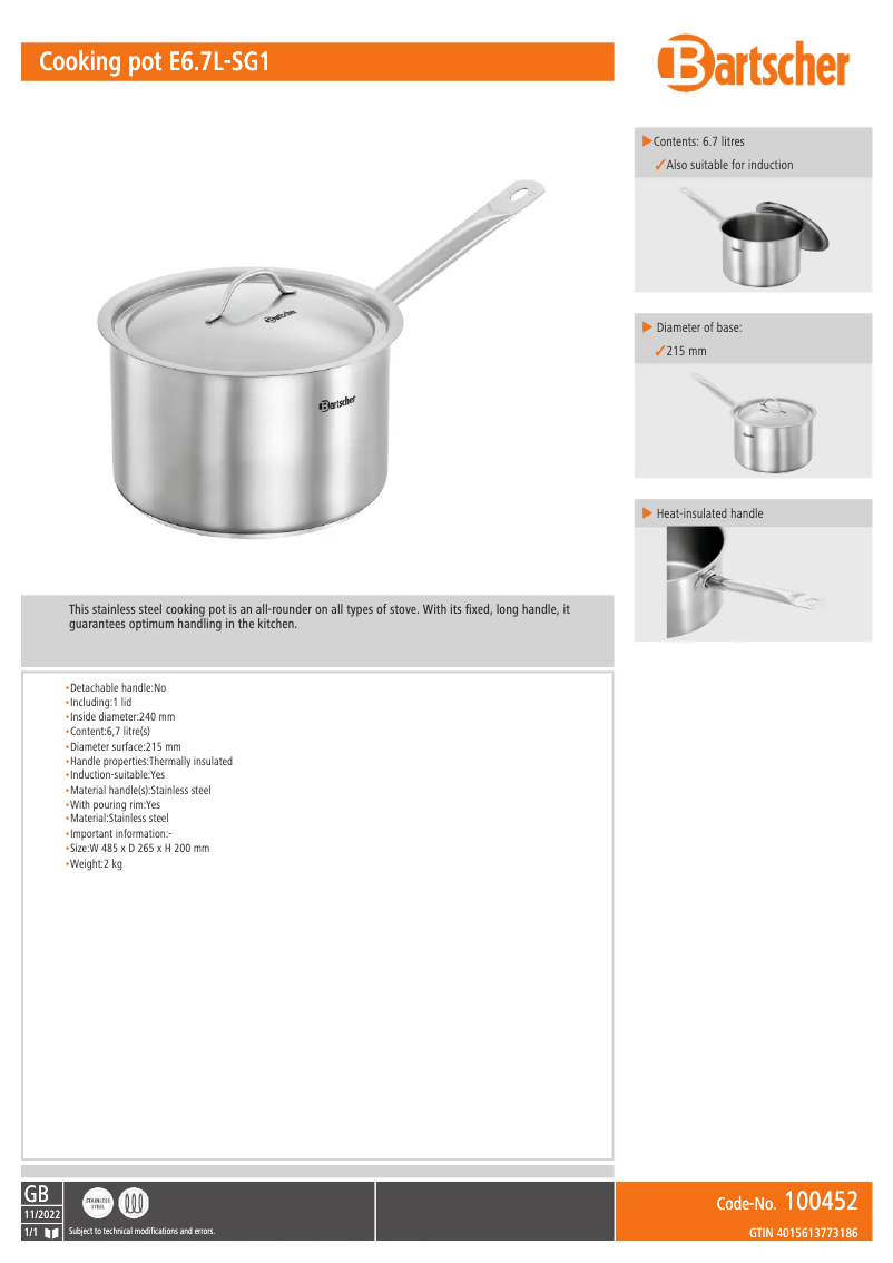 Página 1 del manual Ficha técnica Bartscher E6.7L-SG1