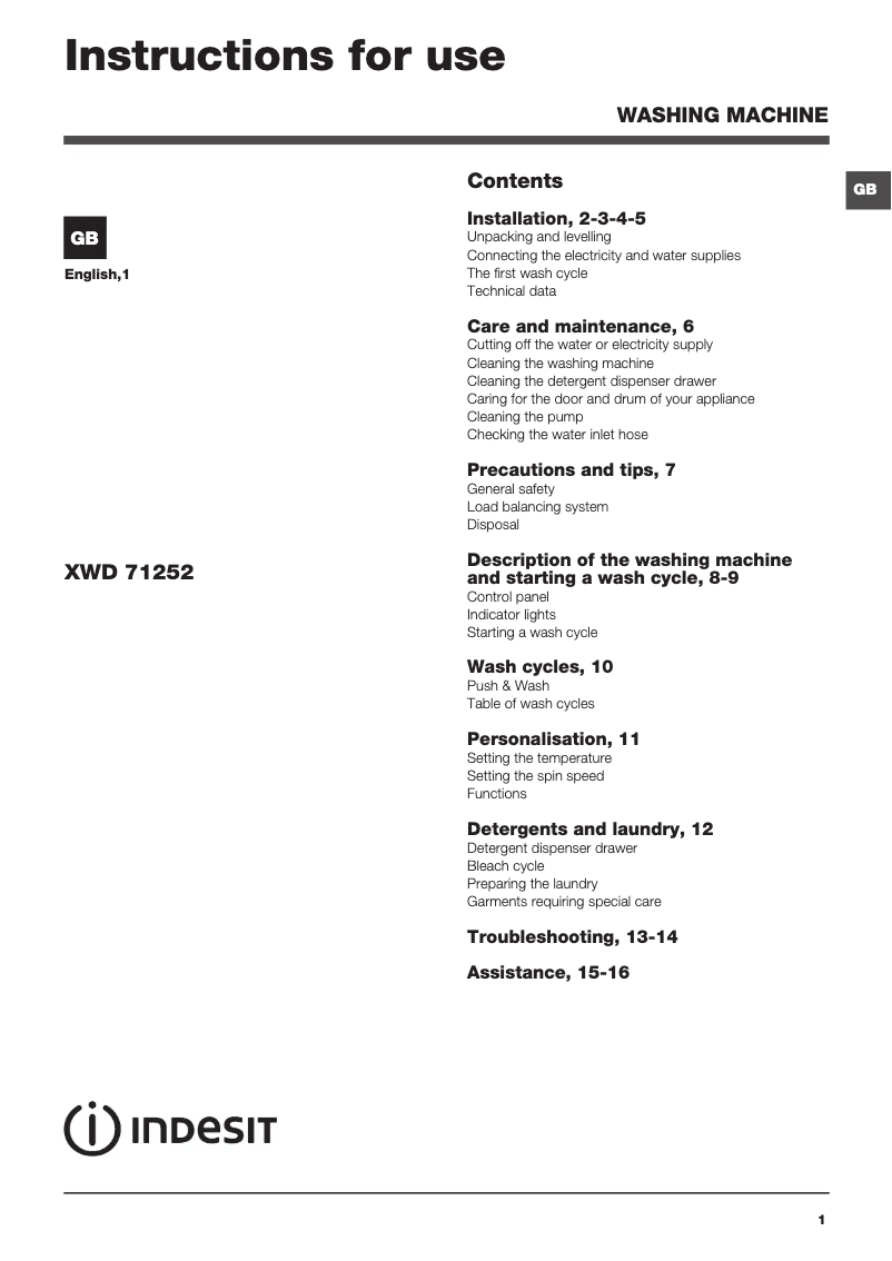 Página 1 del manual Manual de usuario Indesit XWD 71252 W UK