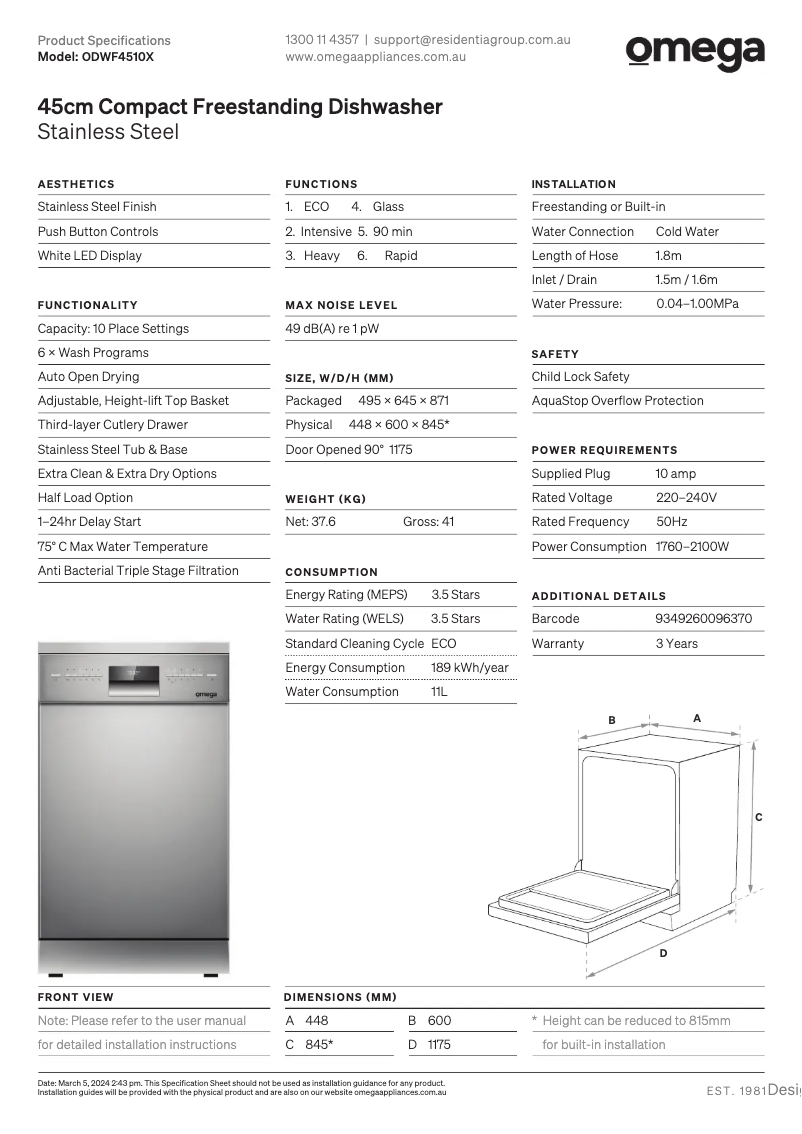 Imagen de la primera página del manual del dispositivo ODWF4510X