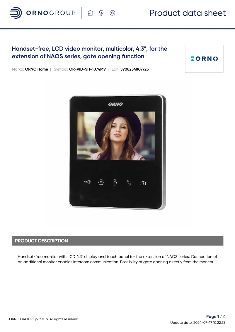 Página 1 del manual Ficha técnica Vibell OR-VID-SH-1074MV