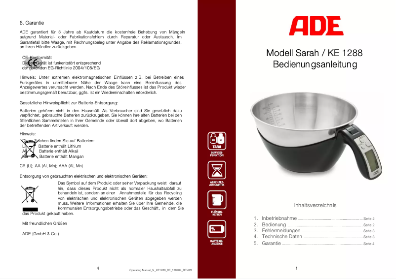 Página 1 del manual Manual de usuario ADE Sarah KE 1288