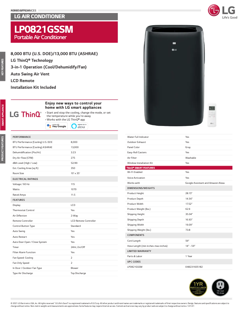 Página 1 del manual Ficha técnica LG LP0821GSSM