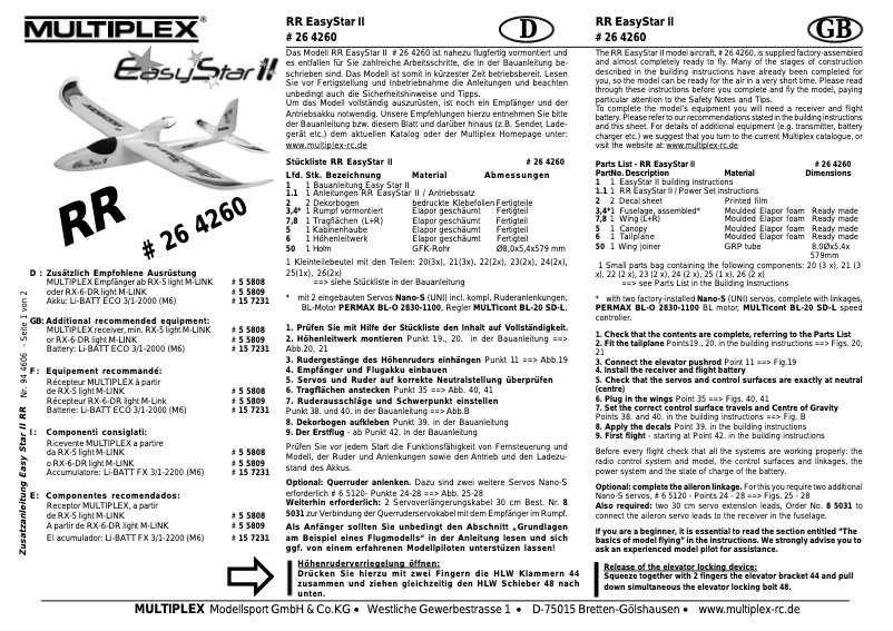 Página 1 del manual Manual de usuario Multiplex RR EasyStar II + BL motor