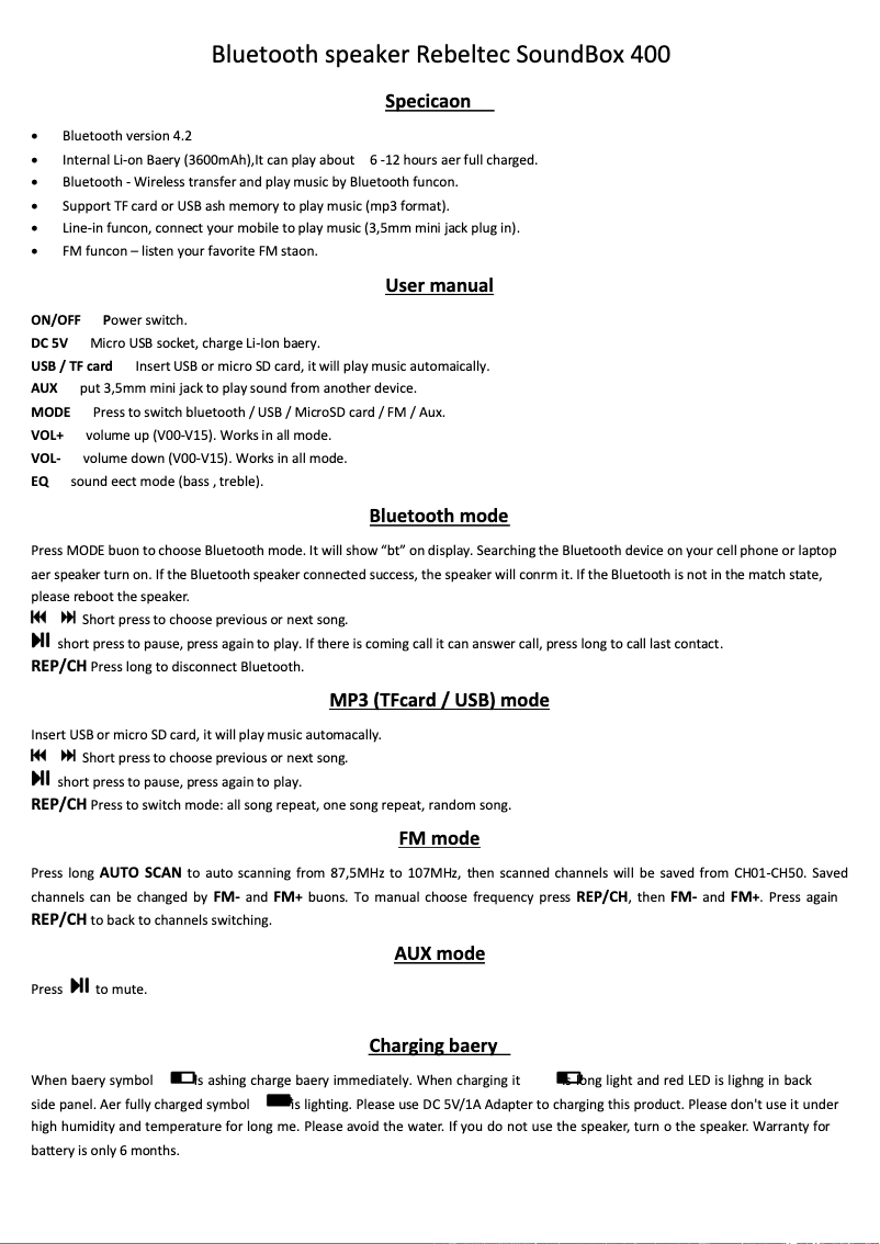 Imagen de la primera página del manual del dispositivo SoundBox 400