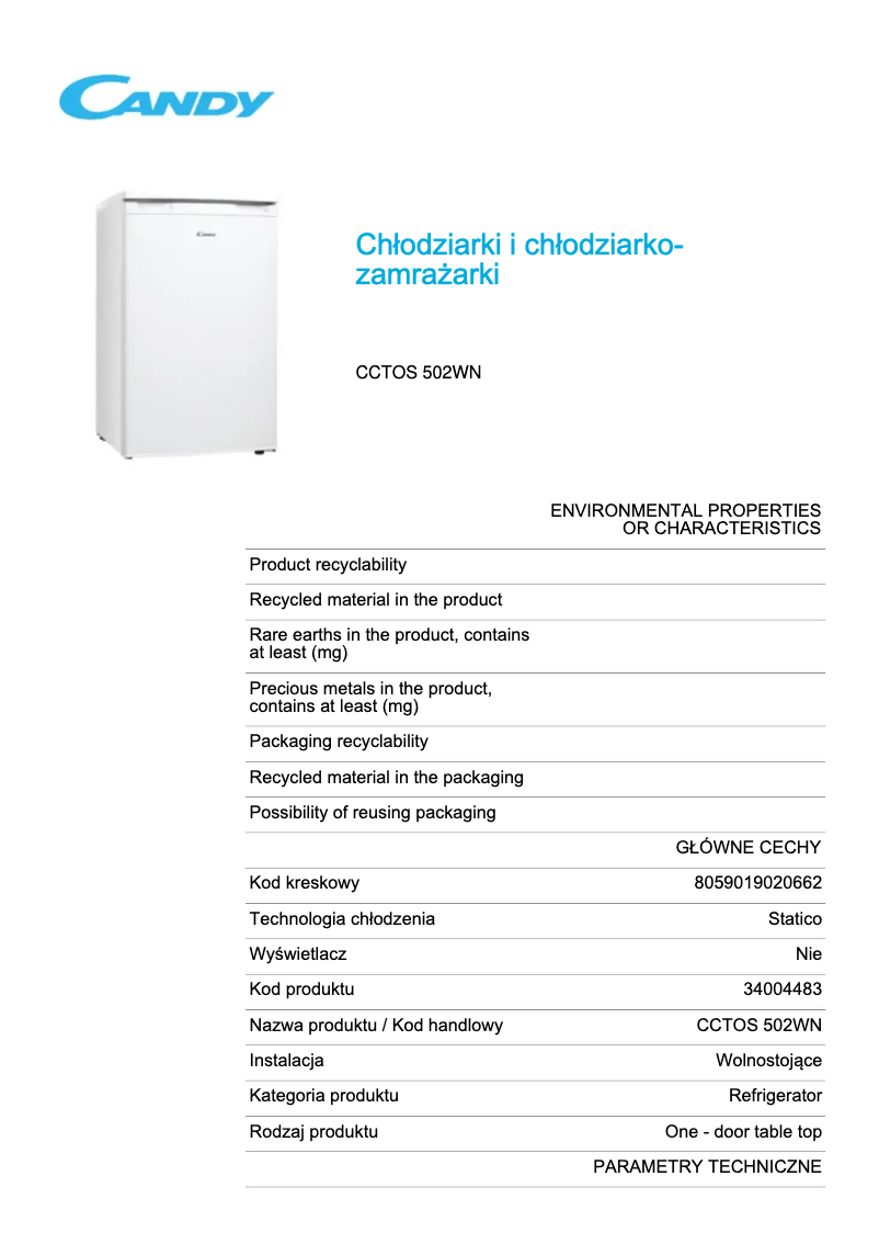 Página 1 del manual Ficha técnica Candy CCTOS 502WN