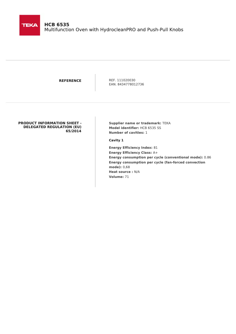 Página 1 del manual Ficha técnica Teka HCB 6535