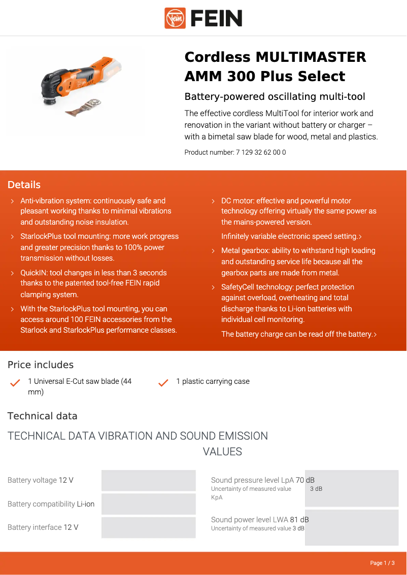 Página 1 del manual Ficha técnica Fein Multimaster AMM 300 Plus Select