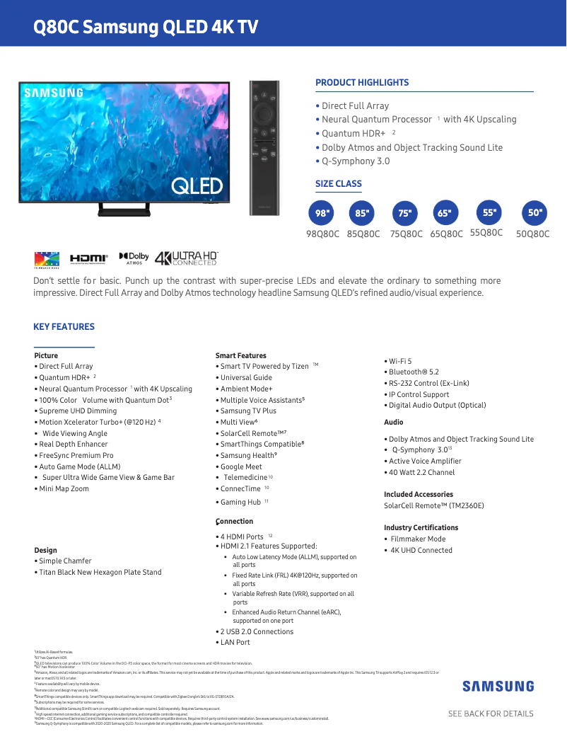 Página 1 del manual Ficha técnica Samsung QN98Q80C