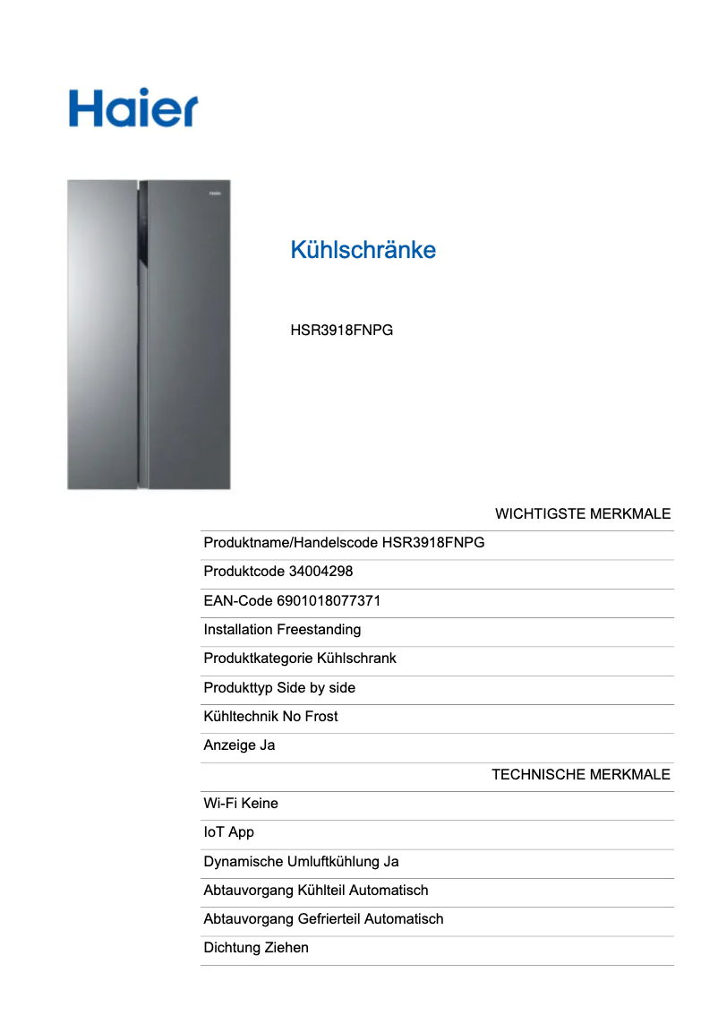 Página 1 del manual Etiqueta energética Haier HSR3918FNPG