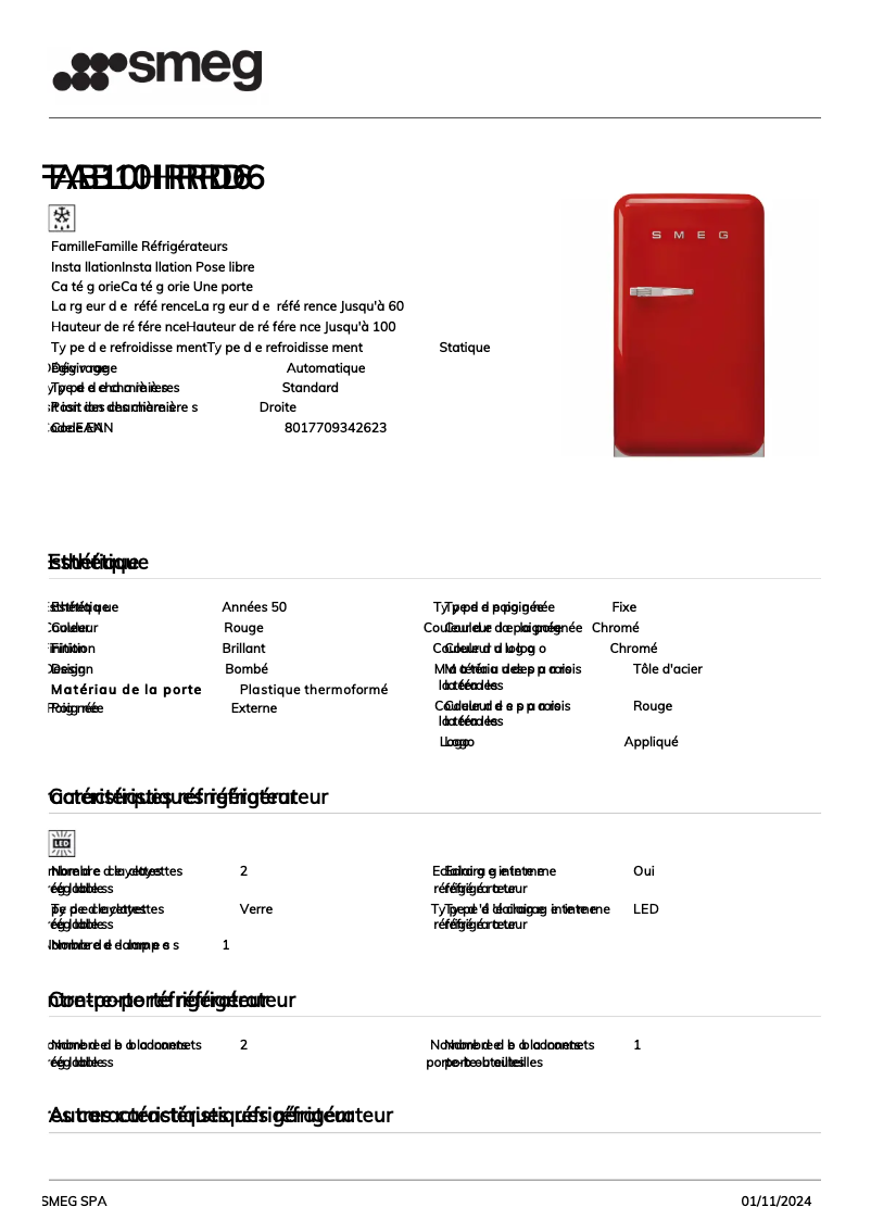 Página 1 del manual Ficha técnica Smeg FAB10HRRD6