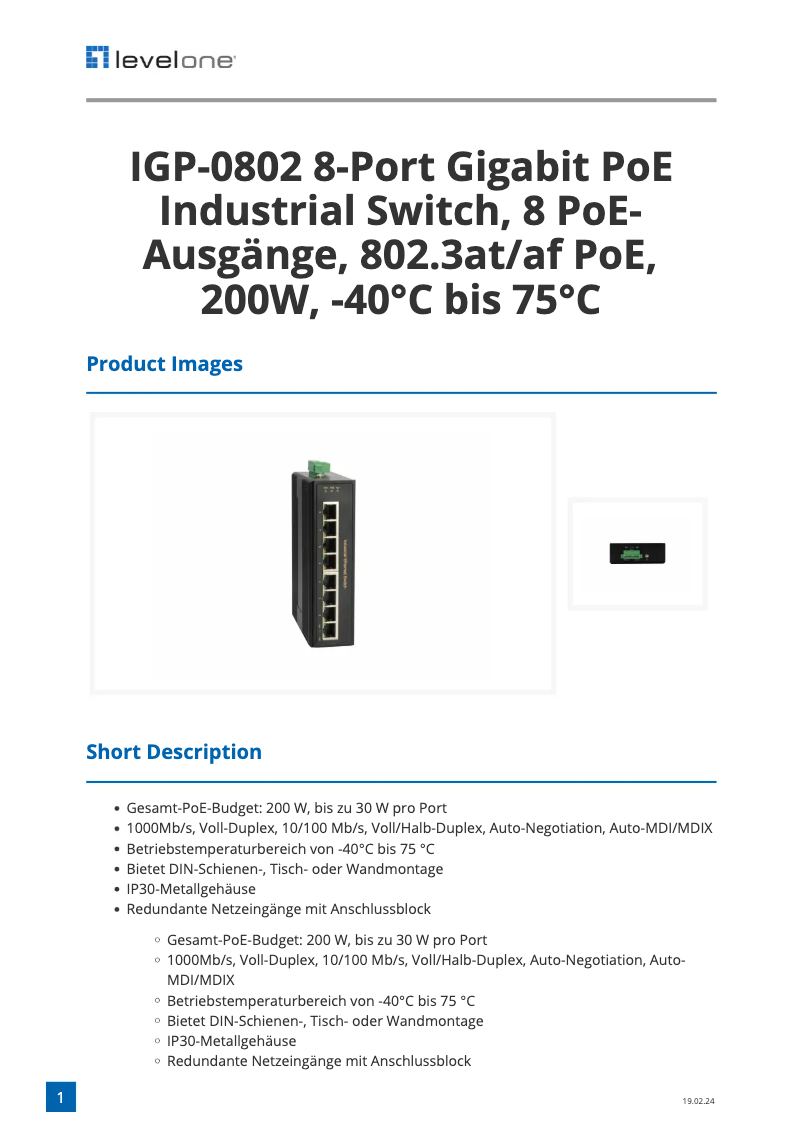 Página 1 del manual Ficha técnica LevelOne IGP-0802