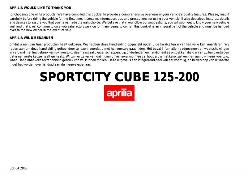 Página nº 1 - Manual de usuario Aprilia Sportcity Cube 125 (2008)