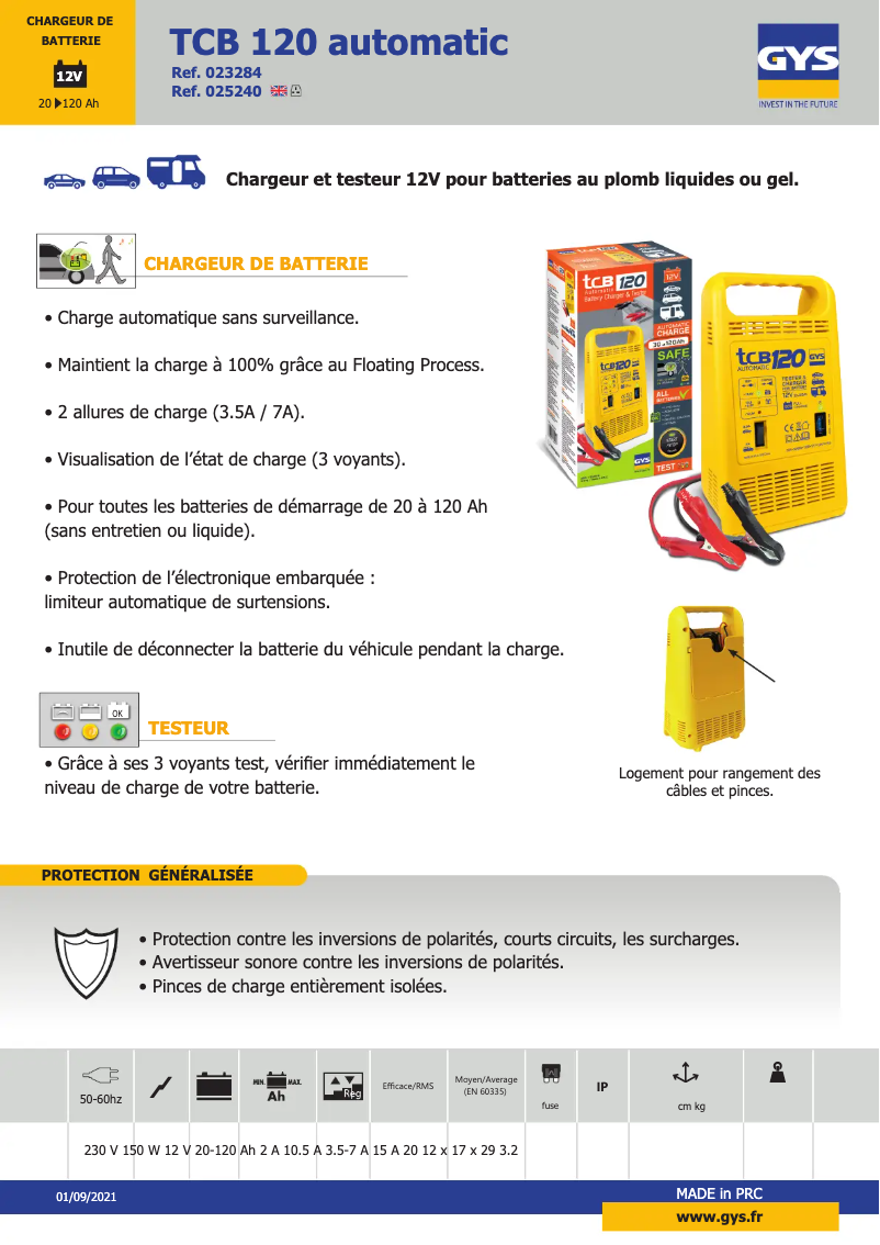 Página 1 del manual Ficha técnica GYS TCB 120