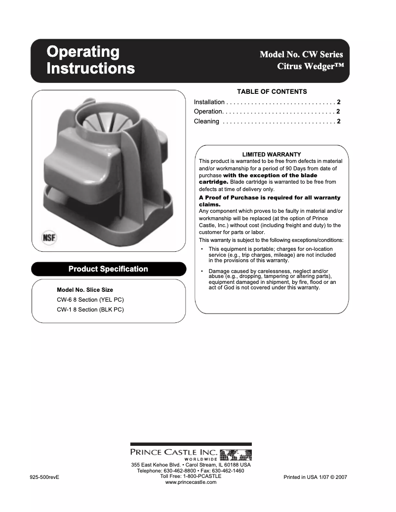 Página nº 1 - Manual de usuario Prince Castle CW-6