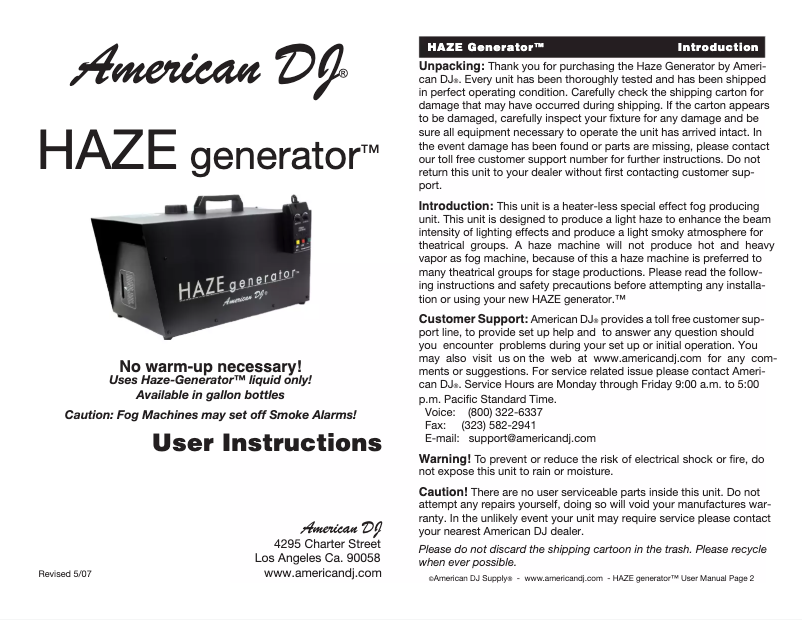 Imagen de la primera página del manual del dispositivo Haze Generator