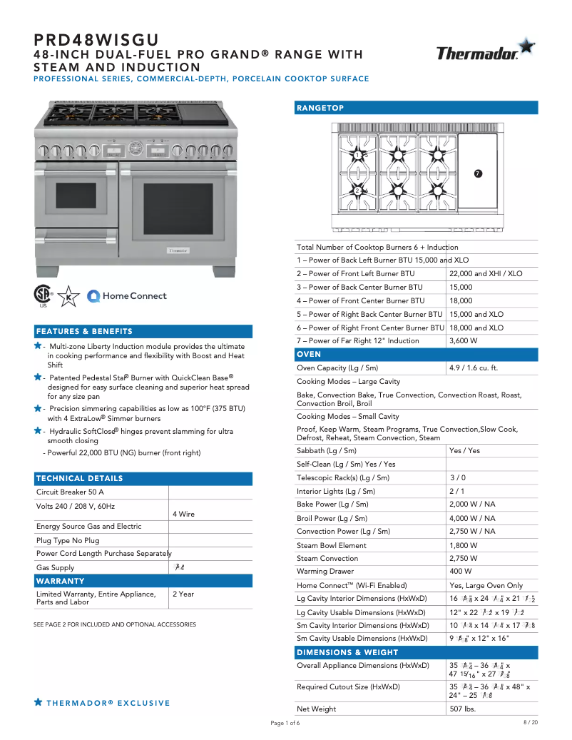 Página 1 del manual Ficha técnica Thermador PRD48WISGU