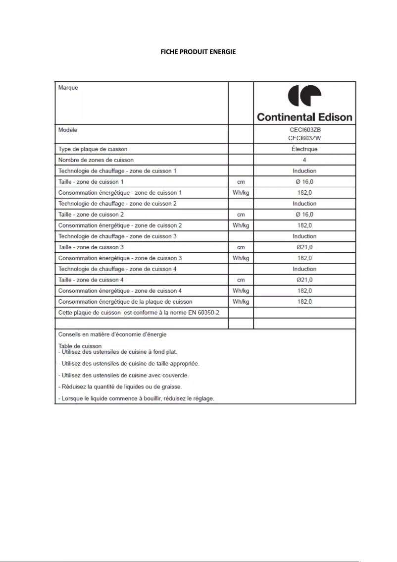 Página 1 del manual Etiqueta energética Continental Edison CECI603ZW