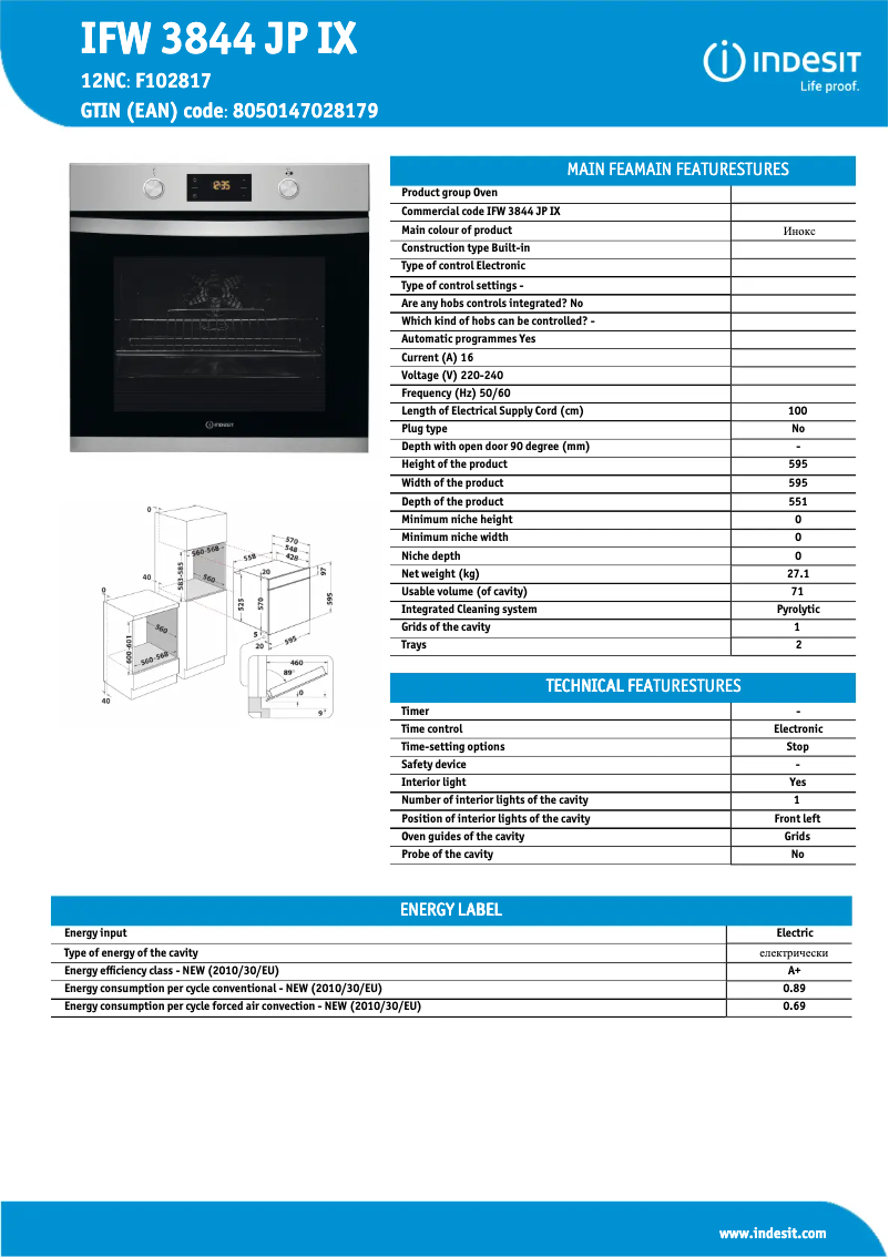 Página 1 del manual Ficha técnica Indesit IFW 3844 JP IX