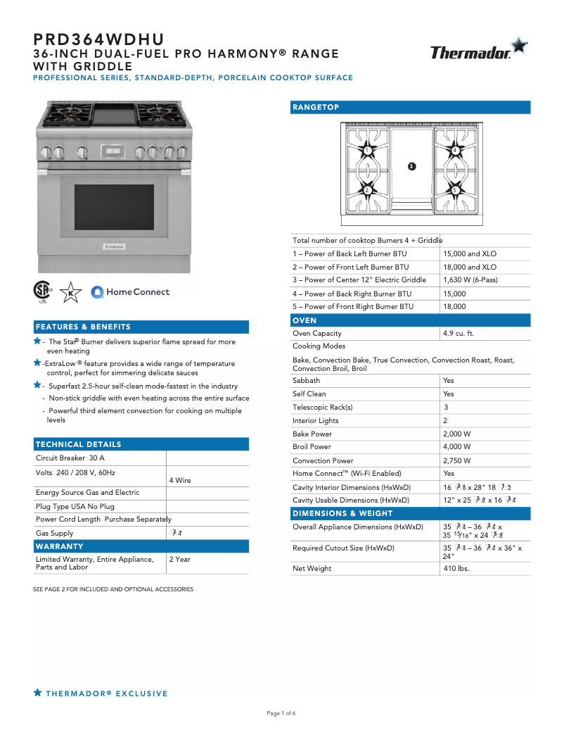Página 1 del manual Ficha técnica Thermador PRD364WDHU
