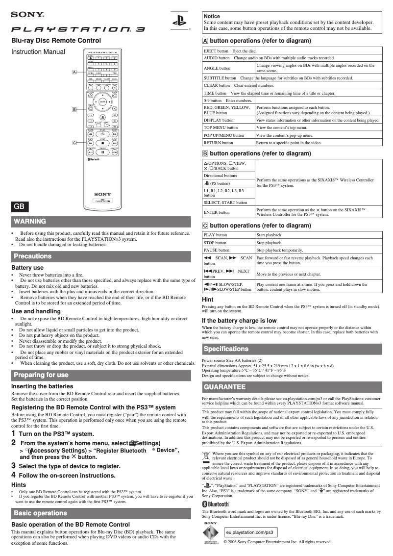 Página nº 1 - Manual de usuario Sony Blu-ray Remote Control PS3