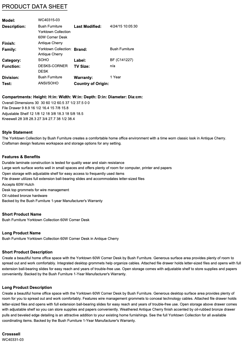 Página 1 del manual Ficha técnica Bush Yorktown WC40315-03