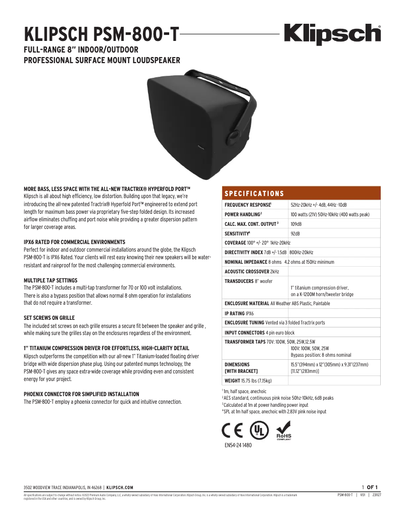 Página 1 del manual Ficha técnica Klipsch PSM-800-T