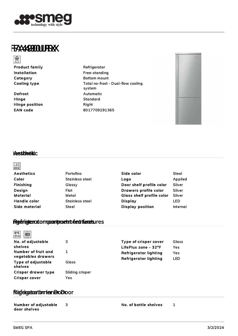 Página 1 del manual Ficha técnica Smeg FA490URX