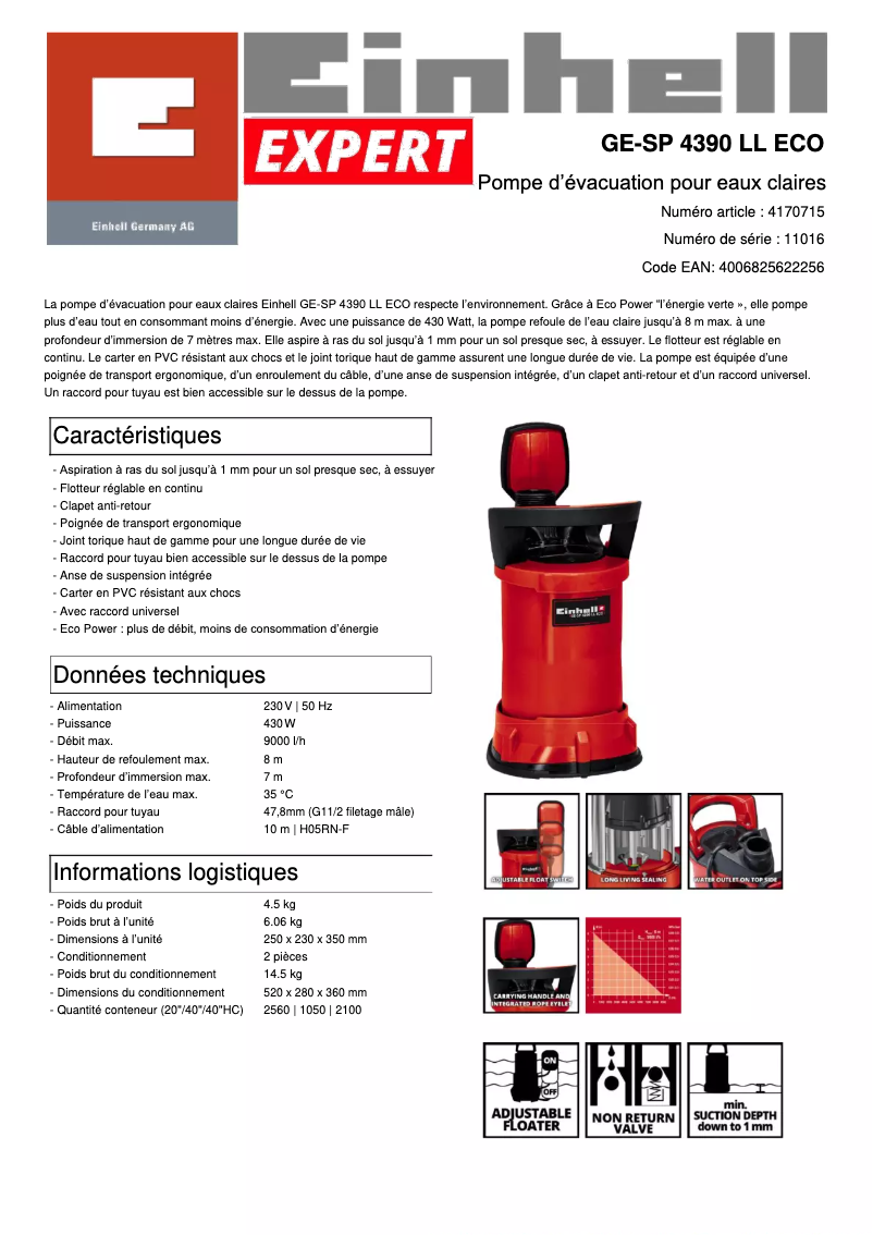 Página 1 del manual Ficha técnica Einhell GE-SP 4390 LL ECO