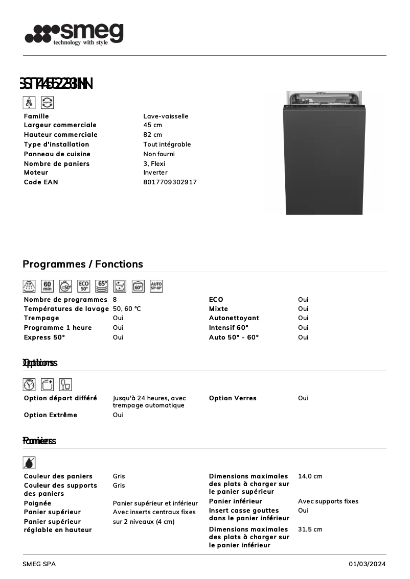 Página 1 del manual Ficha técnica Smeg ST4523IN