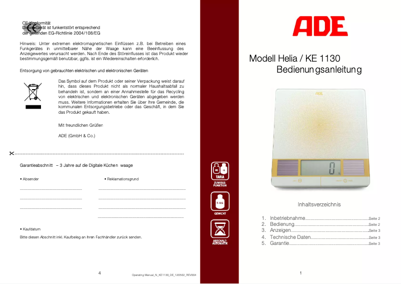 Imagen de la primera página del manual del dispositivo Helia KE 1130