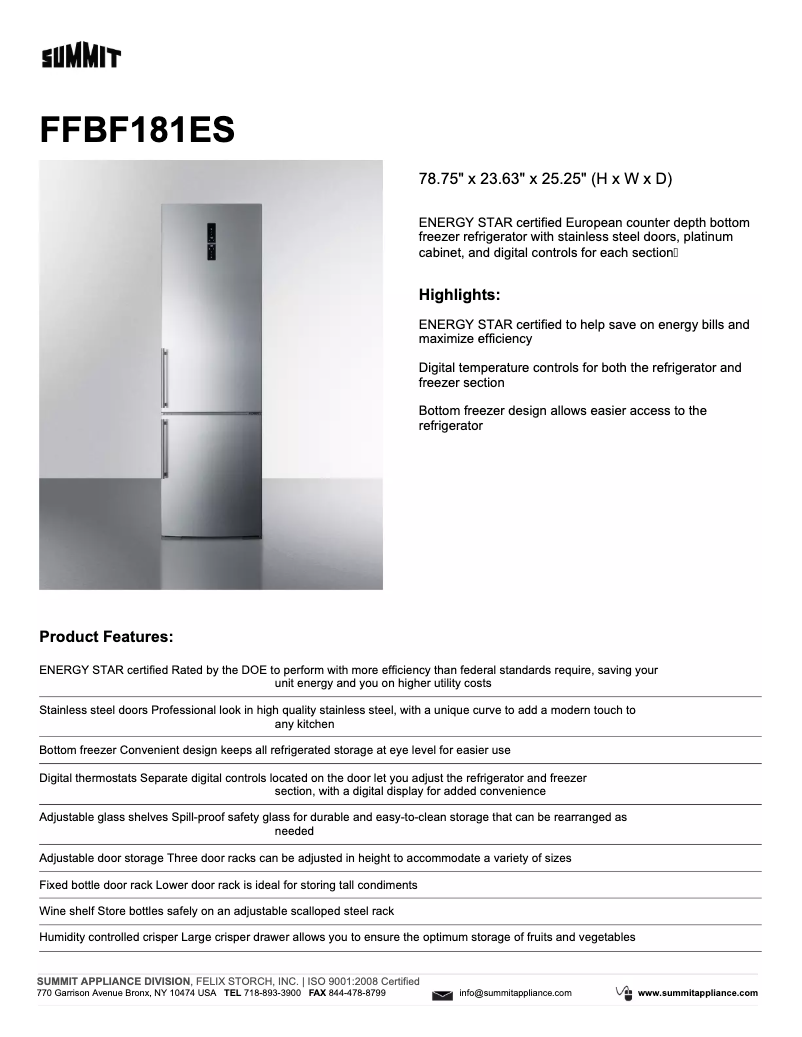 Página 1 del manual Ficha técnica Summit FFBF181ES