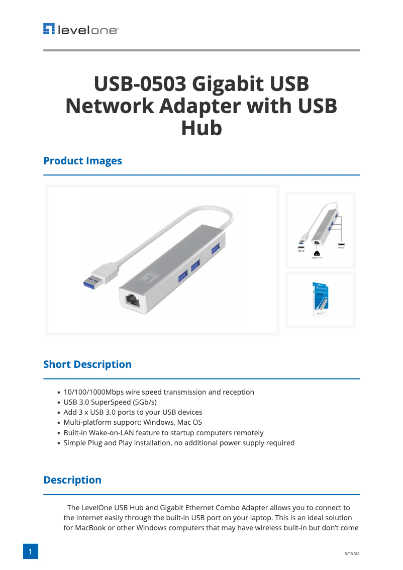 Página 1 del manual Ficha técnica LevelOne USB-0503