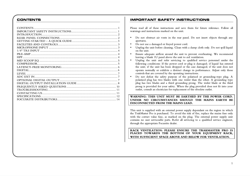 Imagen de la primera página del manual del dispositivo Platinum TrakMaster Pro