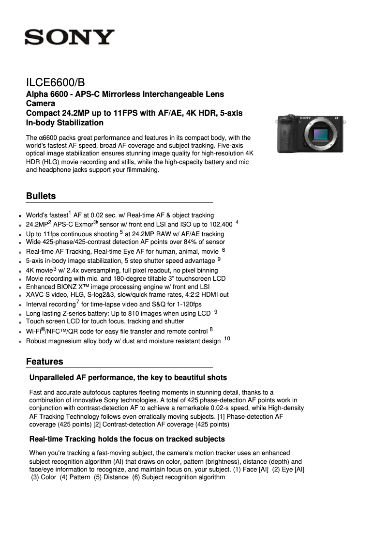 Página 1 del manual Ficha técnica Sony Alpha A6600
