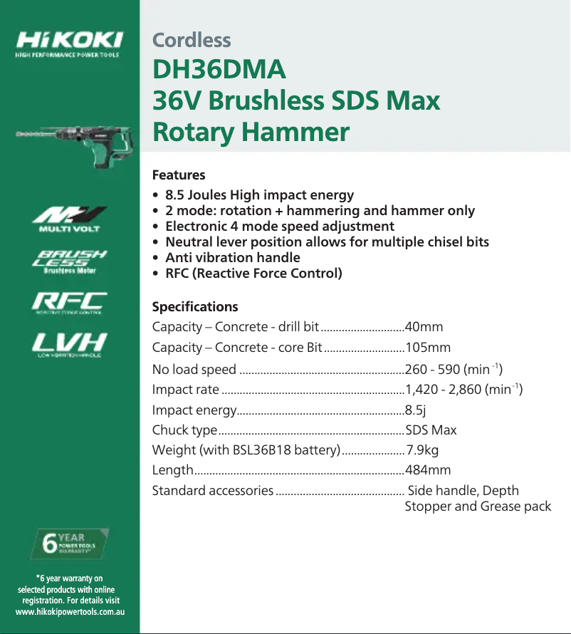 Página 1 del manual Ficha técnica HiKOKI DH36DMA