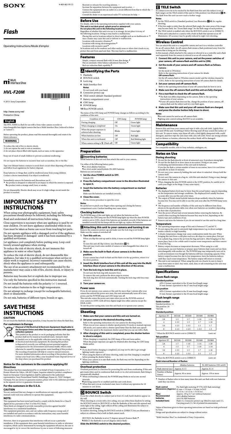 Imagen de la primera página del manual del dispositivo HVL-F20M