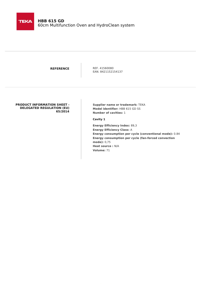 Página 1 del manual Ficha técnica Teka HBB 615