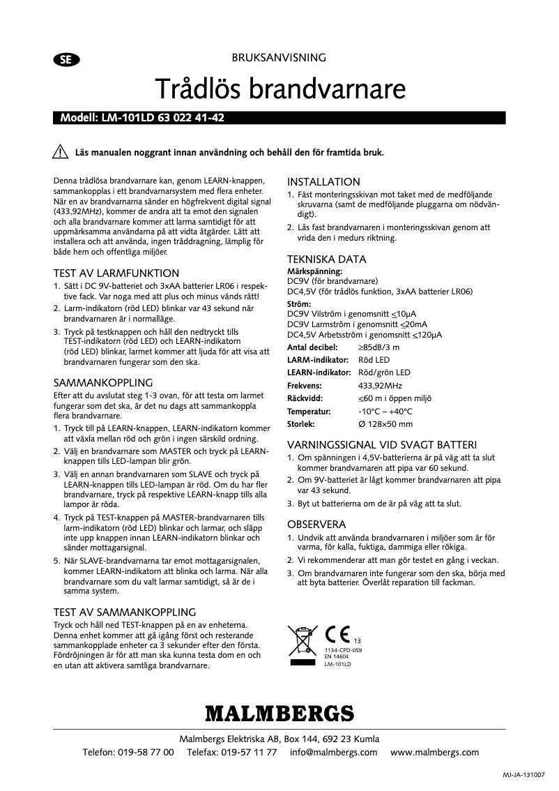 Página 1 del manual Manual de usuario Malmbergs LM-101LD