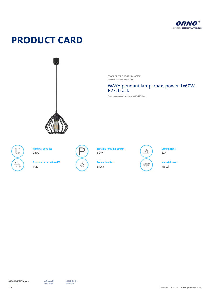 Página 1 del manual Ficha técnica Adviti AD-LD-6263BE27M