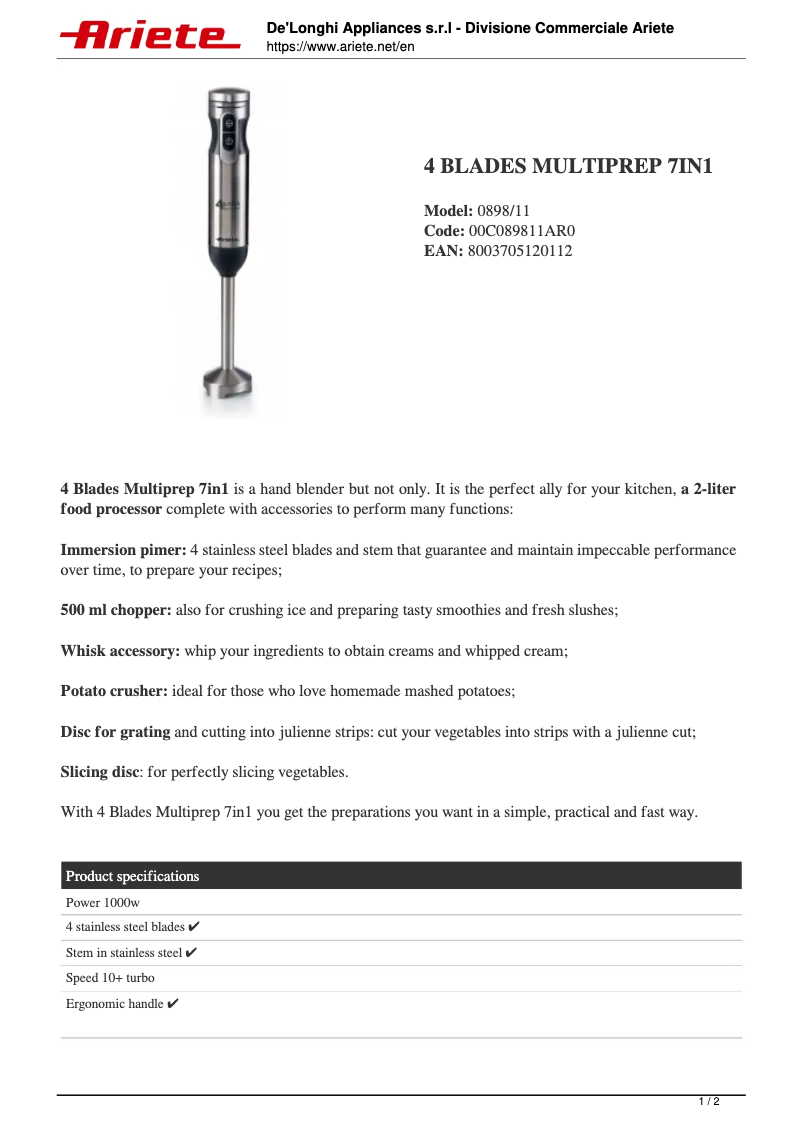 Página 1 del manual Ficha técnica Ariete 0898