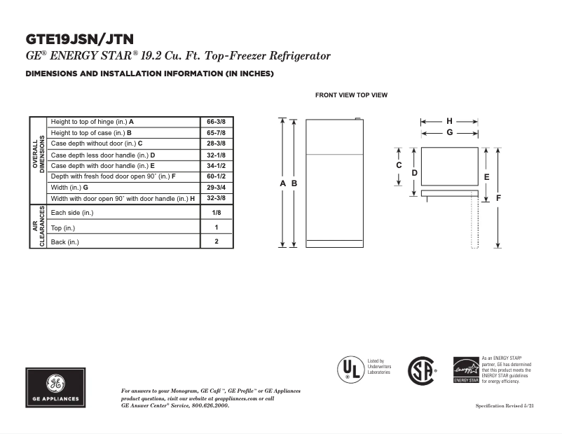 Página 1 del manual Ficha técnica GE GTE19JTNRBB