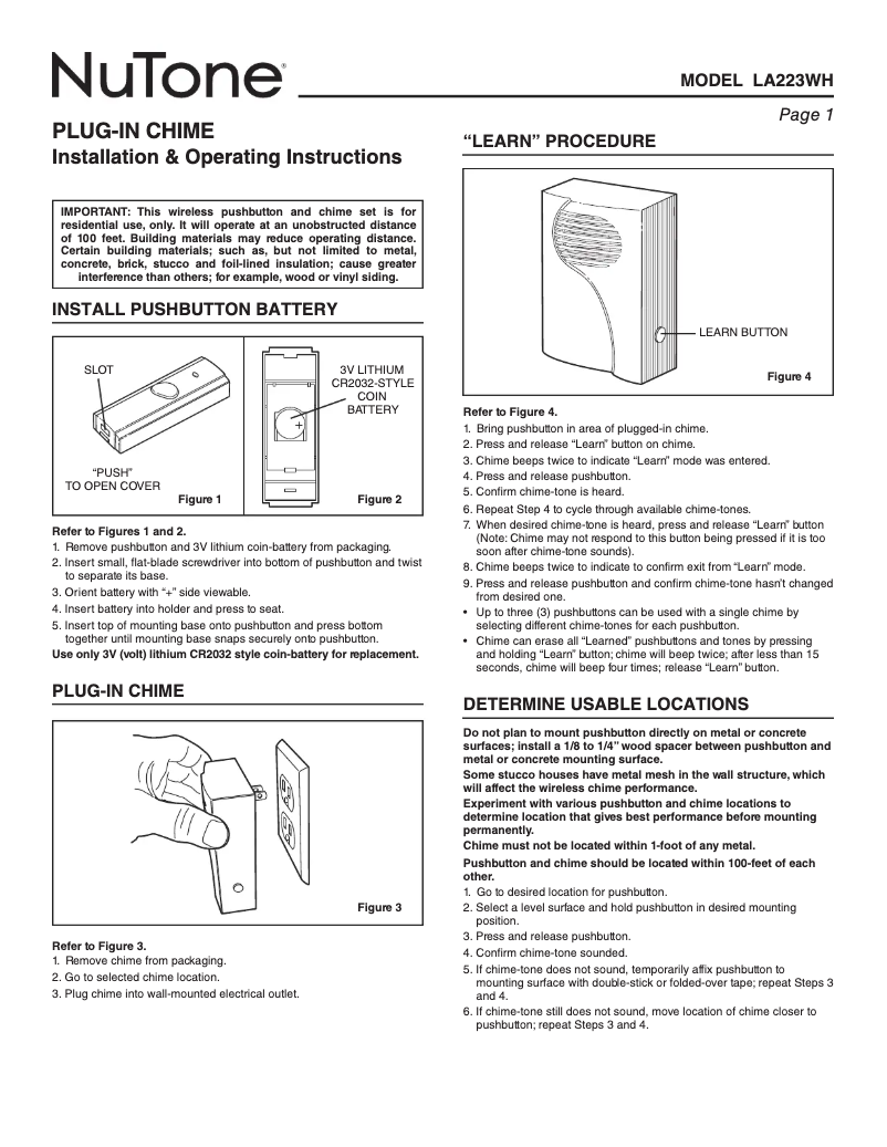 Página 1 del manual Manual de usuario NuTone LA223WH