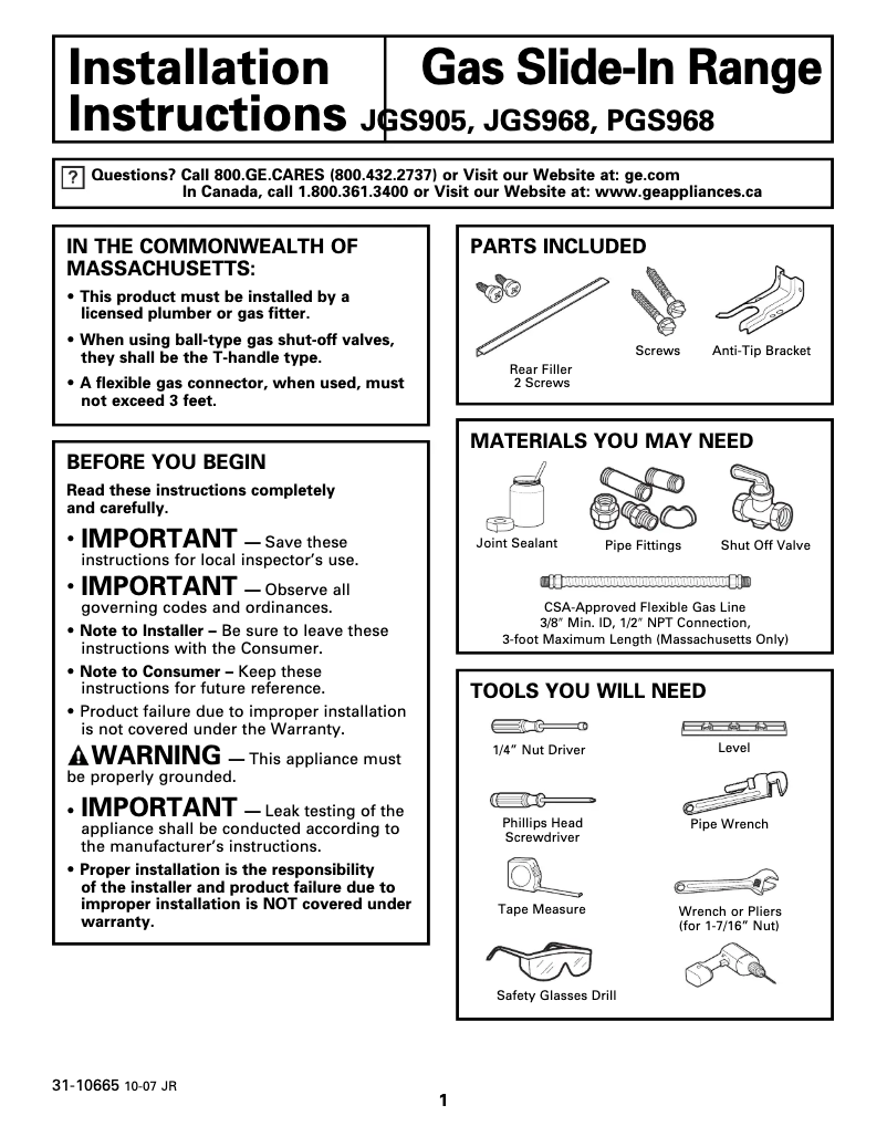 Imagen de la primera página del manual del dispositivo JGS905TEKWW