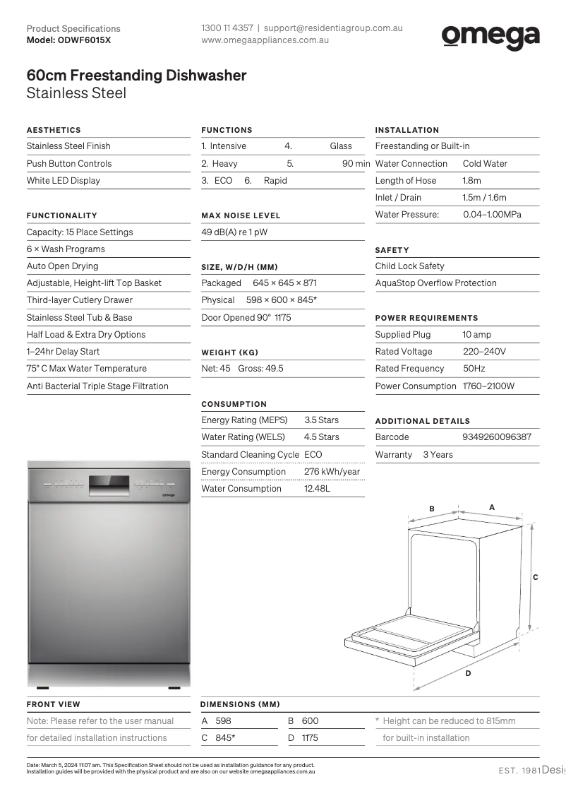 Imagen de la primera página del manual del dispositivo ODWF6015X