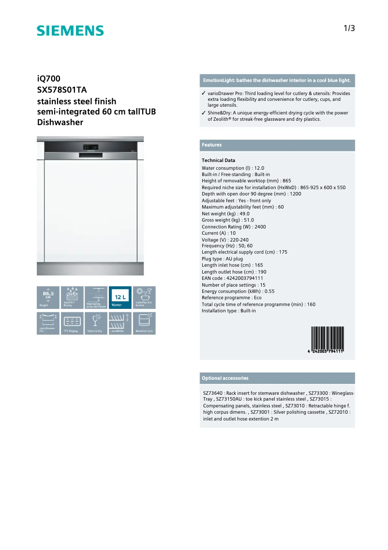 Página 1 del manual Ficha técnica Siemens SX578S01TA